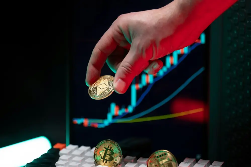 Hand holding ethereum with crypto graphs in background, illustrating technical analysis for crypto